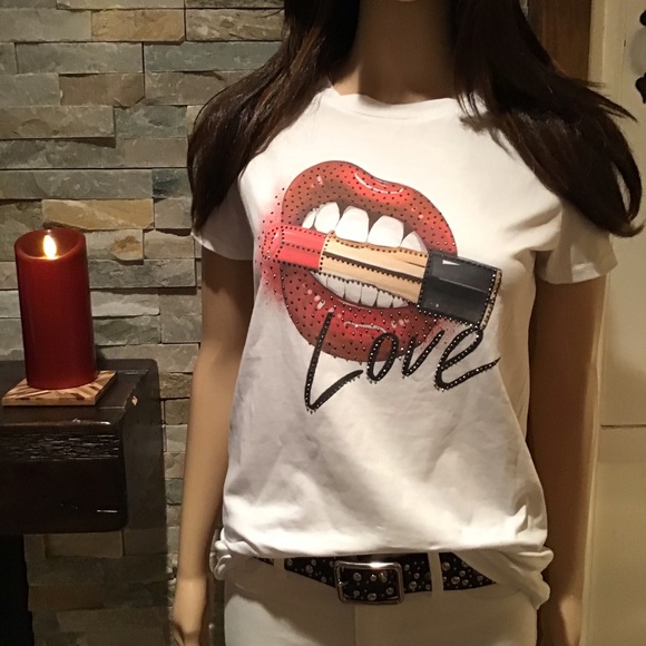 COTTON WHITE T~SHIRT QUALITY CRYSTAL EMBELLISHED “LOVE LIP STICK” SLIGHT STRETCH - Picture 7 of 13